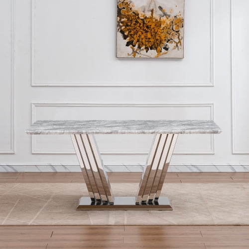 Modern Dining Table 70" Rectangular Kitchen Table with Imitation Marble Grain MDF Wooden Top & Iniregular Silver Base,Faux Marble Dinner Furniture for Kitchen Dining Room/Meeting Room