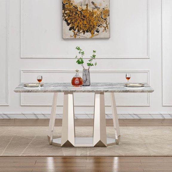 Modern Dining Table 70" Rectangular Kitchen Table with Imitation Marble Grain MDF Wooden Top & Iniregular Silver Base,Faux Marble Dinner Furniture for Kitchen Dining Room/Meeting Room