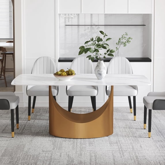 Modern Dining Table,71" Antique White Marble Sintered Stone Table Top,Rectangle Dining Room Table with Unique U-Shape Gold Carbon Steel Pedestal Table for Kitchen/Living Room(Table Only)