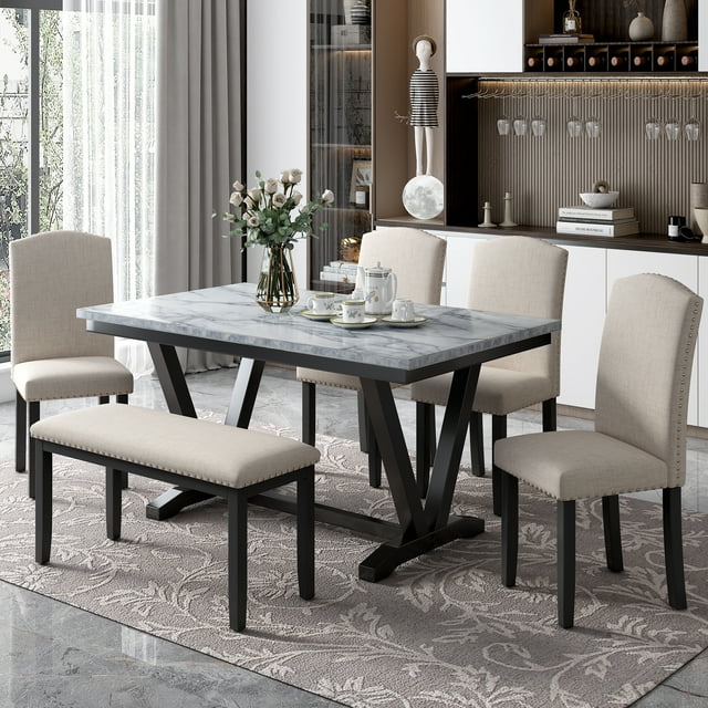 Modern Dining Table Bench and Chairs, 6Piece Kitchen Dining Room Table