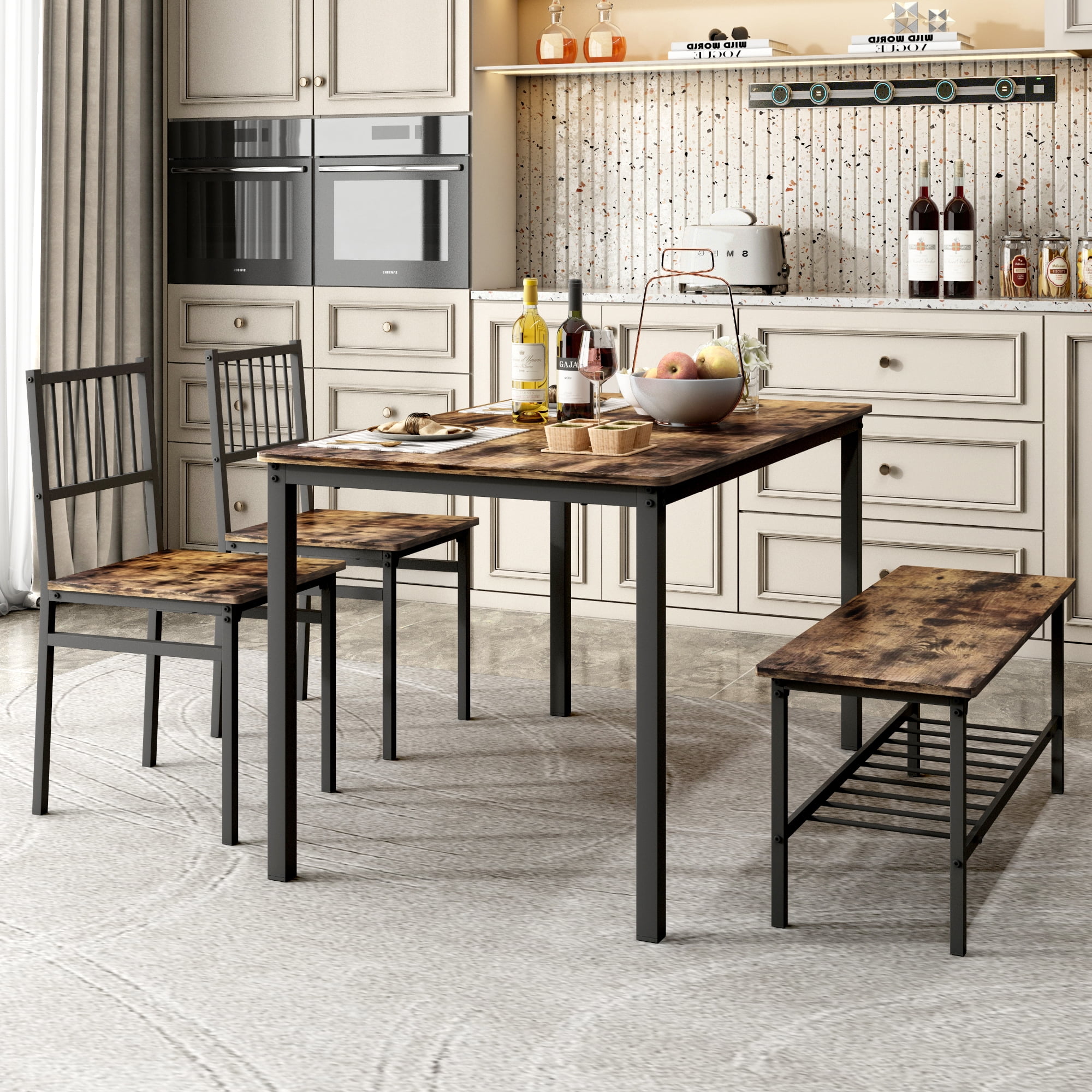 Modern Dining Table Det for 4, Brown Kitchen Table Set with 1 Dining Bench and 2 Chairs