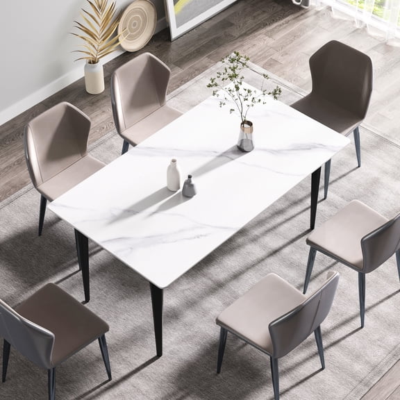 Modern Dining Table In White With Sintered Stone Desktop And Metal Legs 6 63" Surface Stable Frame