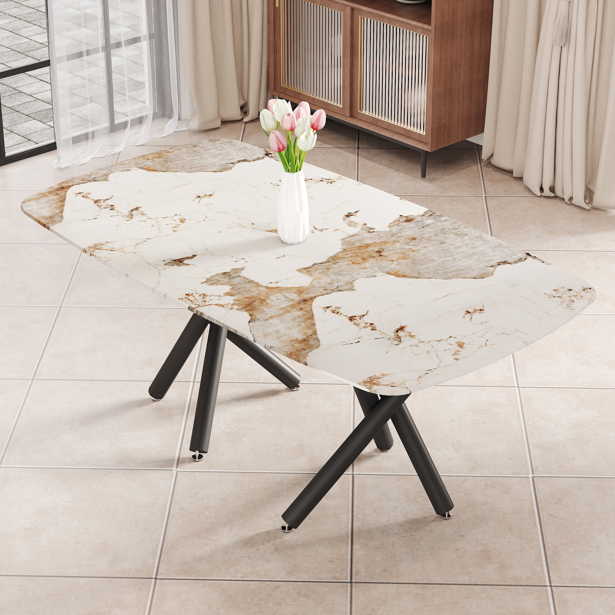 Modern Dining Table, Marble Glass Top, Rectangular Dining Table for 4-6 ...
