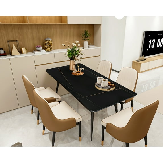 Modern Dining Table, Rectangular 63" Kitchen Table with Marble Sintered Stone Table Top and Metal Legs, Dining Room Table for 6, Slate Dinner Table for Living Room or Office, Table Only