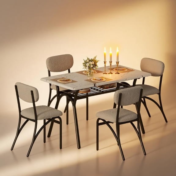 Modern Dining Table Set for 4, 5-Piece Dining Room Table Set for Small Spaces, Kitchen Table & 4 Upholstered Chairs, Rectangular Dining Table with Storage Rack for Kitchen,Dining Room,Gray