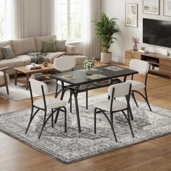 Modern Dining Table Set for 4, 5-Piece Dining Room Table Set for Small Spaces, Kitchen Table & 4 Upholstered Chairs, Rectangular Dining Table with Storage Rack for Kitchen, Dining Room, Black