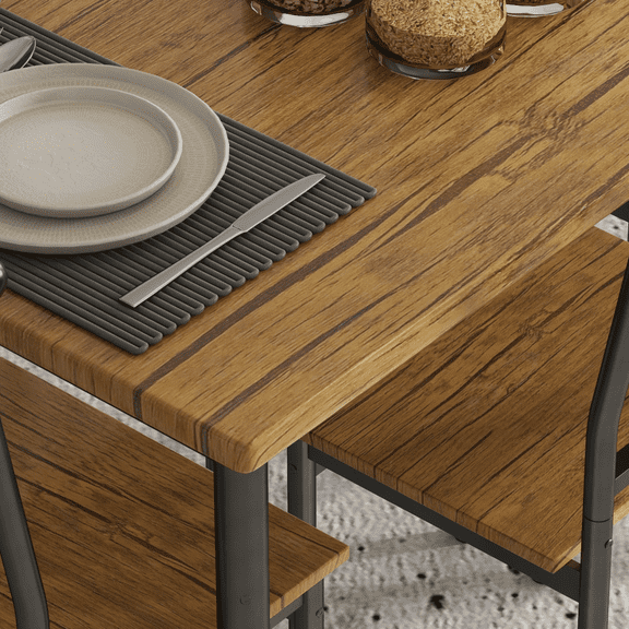 Modern Dining Table Set for 4, 5 Piece Metal and Wood Kitchen Table with Storage Rack and 4 Chairs, Space Saving Dining Set for Breakfast Nook, Living Room