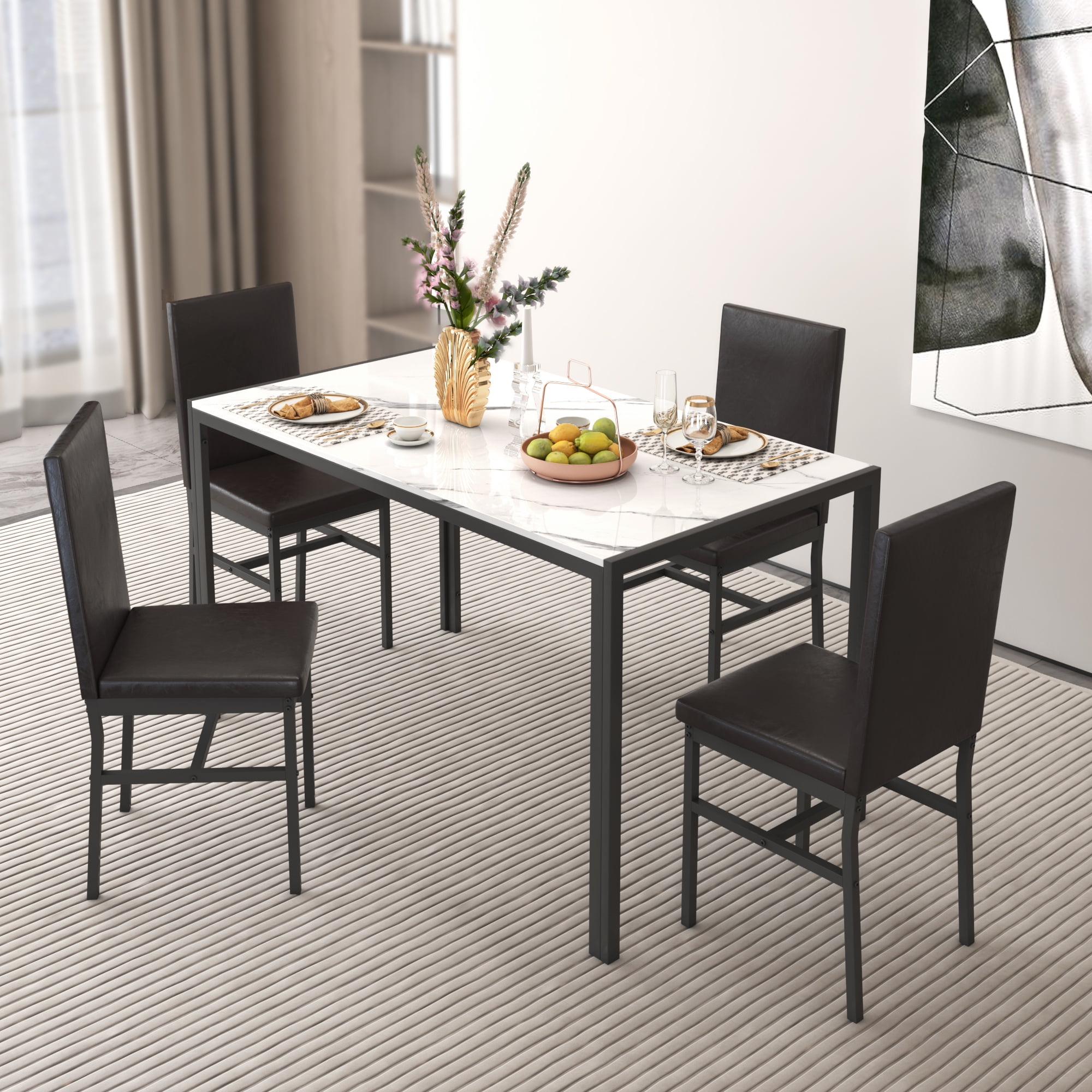 Modern Black Metal Dining Set with Faux Marble Tabletop and PU Leather Chairs