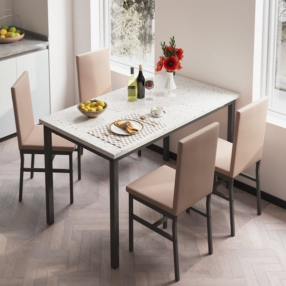 Modern Dining Table Set for 4, SYNGAR Faux Marble Table and PU Leather Upholstered Chairs Set, 5 Piece Kitchen Dining Set, Dining Table and Chairs Set for Small Space, Breakfast Nook, D9262