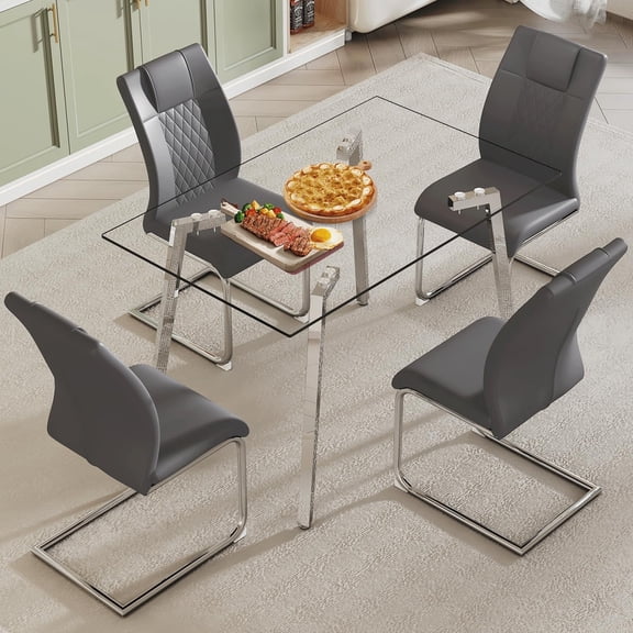 TesNus 5 Piece Adult Modern Metal Glass Top, Chrome Metal Legs Dining Table with Chair White / Silver / Clear