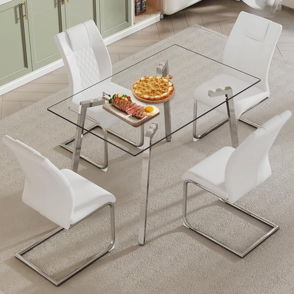 Modern Dining Table Set 4,Small Glass Dining Table with 4 White Faux Leather Chair,0.31”Thick Glass Table Top with Chrome Plate Silver Legs,51" Kitchen Table with Chairs for Kitchen Dining