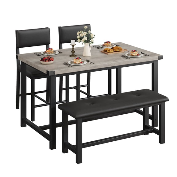 Modern Dining Table Set for 4 with Upholstered Bench and 2 Padded PU Chairs, Durable Engineered Wood Table with Steel Frame for Studios and Compact Homes