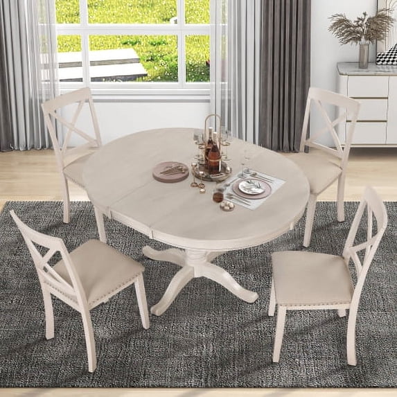 Modern Dining Table Set, 5-Piece Farmhouse Wooden Round Extendable Dining Table Set with 4 Upholstered Chairs, Family Kitchen Furniture, Table for Dining Room, Restaurant, Antique White