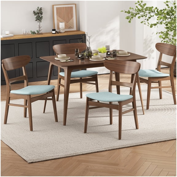 Modern Dining Table Set for 4, Rubberwood Faux Wood Table & Mint Fabric Chairs, 5-Pc Mid-Century