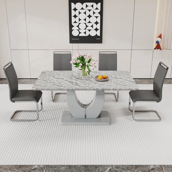 SUDICA 5-Piece Modern Dining Table Set, 63 inch Gray Faux Marble Table with MDF Base and 4 PU Leather Chairs