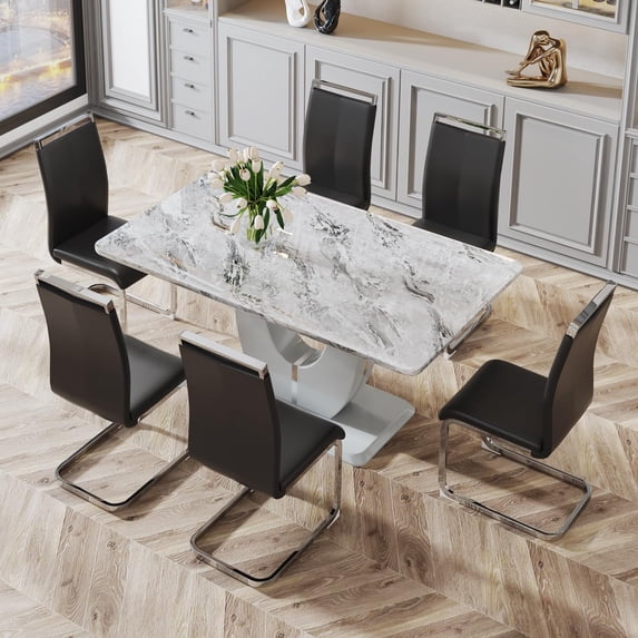 SUDICA 7-Piece 63" Rectangular Gray Faux Marble Dining Table Set, MDF U-Shaped Base with 6 Black PU Leather Chairs for Dining Room Kitchen