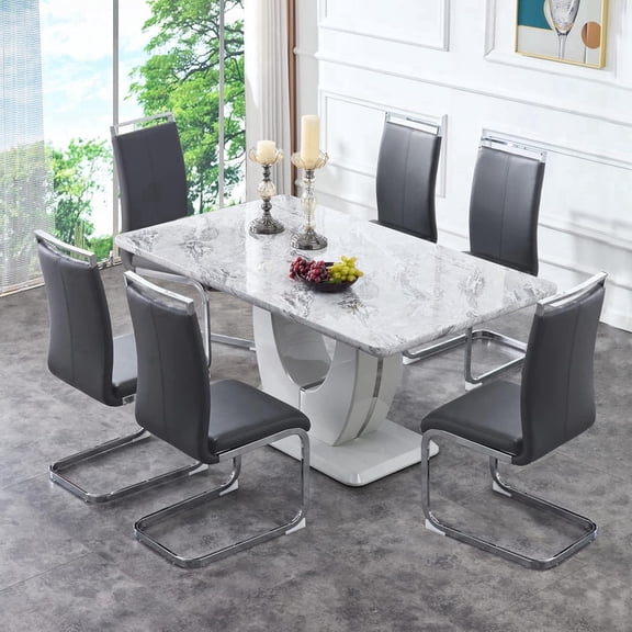 SUDICA Modern Dining Table Set, 63 inch Gray Faux Marble MDF Table with 6 Black PU Leather Chairs