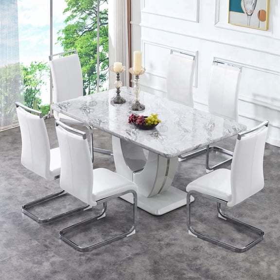 SUDICA 7-Piece Modern Dining Table Set, 63 inch Gray Faux Marble Table with White MDF Base and 6 PU Chairs