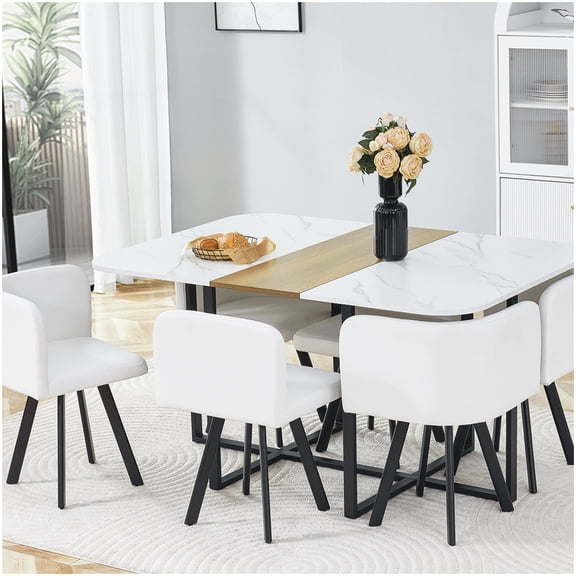 Modern Dining Table Set with 6 Chairs, Space Saver Design, Black Powder Coated Frame & Scratch-Resistant Top for Apartment, Kitchen, Diner Booth