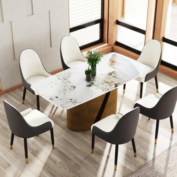 Modern Dining Table | Spacious Space for Happy Family Dinners | Artificial Stone Panel Crafted Exquisitely | Stable Base with Bronze - colored Iron Legs