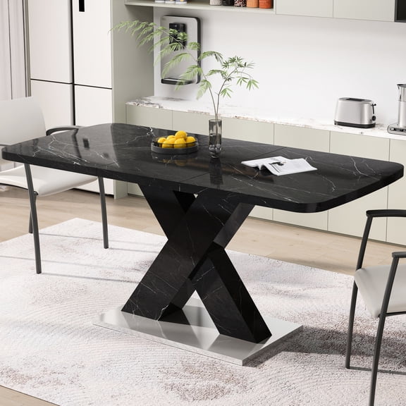 Modern Dining Table Square Stretchable, Black Marble Effect Tabletop, & Metal, 63.89"l X 31.5"w Stretchable Table, Pattern Steel, 29.5 In. Height