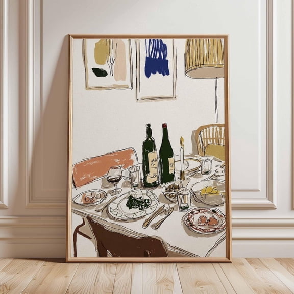 Modern Dining Table Wall Art Print Wine and Food Illustration Poster Contemporary Kitchen Decor Dinner Party Artwork