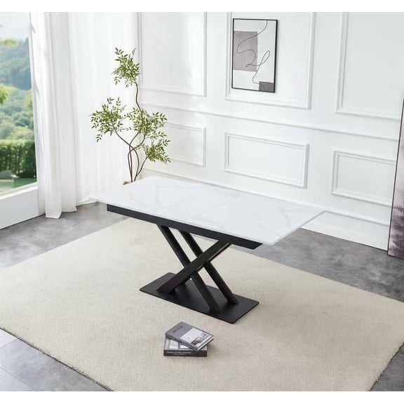 Modern Dining Table with White Marble MDF Veneer Paper Tabletop and Geometric X-Frame Metal Spray-Painted Legs, Sturdy Metal Base for Contemporary Kitchen or Dining Room (White Marble, 1 Table)