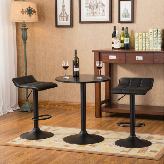 Modern Dining Table With Adjustable Height And 2 Leather Chairs Seat For Space Black Round Top Bar Swiveling