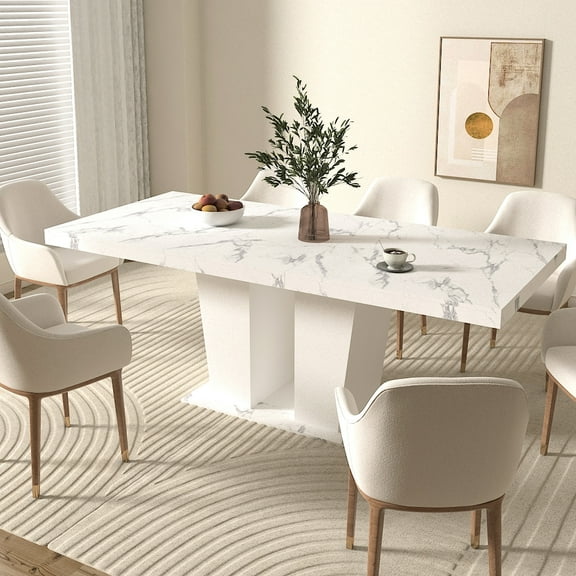 Modern Dining Table With White Marble Finish, Expandable For 6 - 10 Seats 10, Dual Column Pedestal