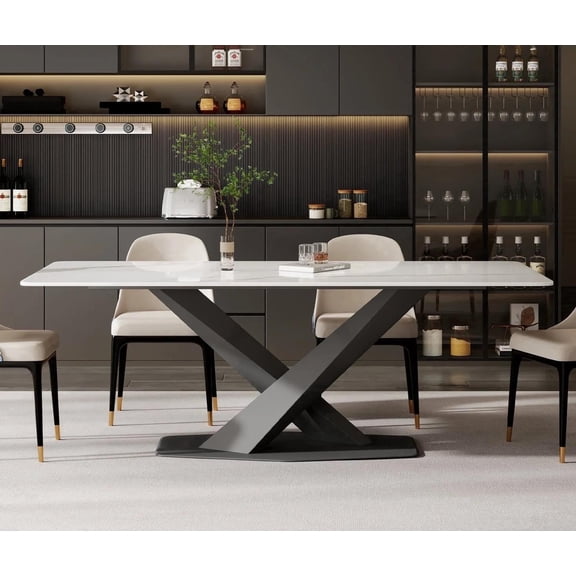 Modern Dining Table for 4-6, White Sintered Stone Dining Tabletop with Black X-Shape Metal Base, 63" Rectangle Dining Table for Kitchen (Table Only)