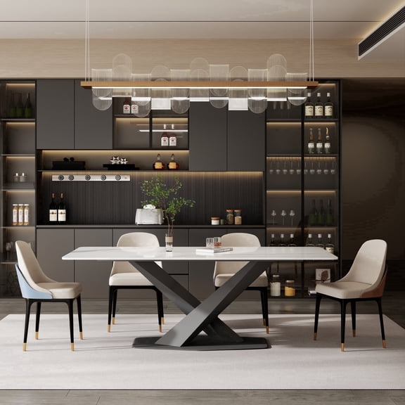 Modern Dining Table for 4-6, White Sintered Stone Dining Tabletop with Black X-Shape Metal Base, 63" Rectangle Dining Table for Kitchen (Table Only)