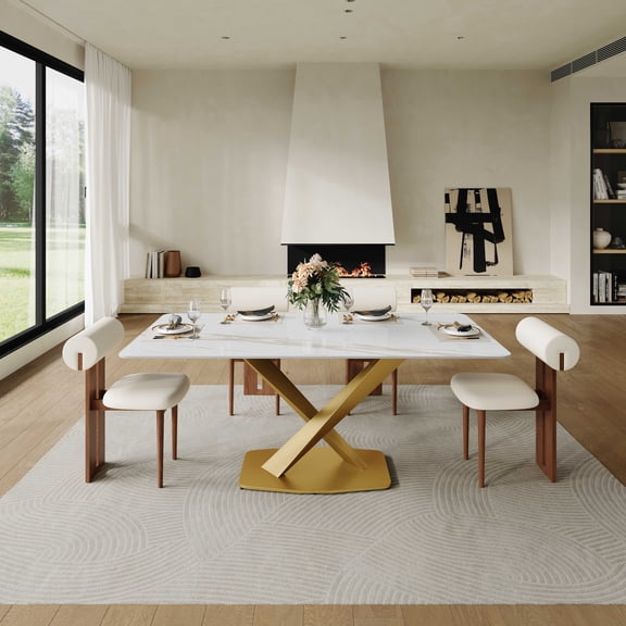 Modern Dining Table for 4-6, White Sintered Stone Dining Tabletop with Gold X-Shape Metal Base, 63" Rectangle Dining Table for Kitchen (Table Only)