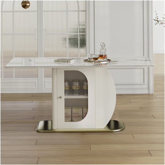 Modern Dining Table for 4-6 with Storage Cabinet, White Sintered Stone Top & Gold Wood Base, Kitchen Table with Acrylic Doors for Apartment & Family