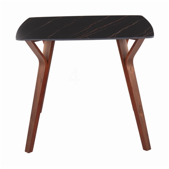 Modern Dining Table for 4, Black Textured Marble Top with Walnut Bentwood Legs