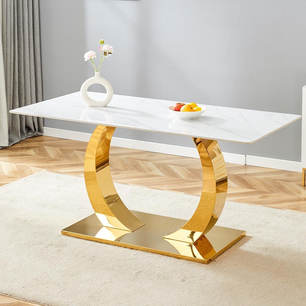View of Modern Dining Table with Chrome U-Base, Black Glass Top, Geometric ...