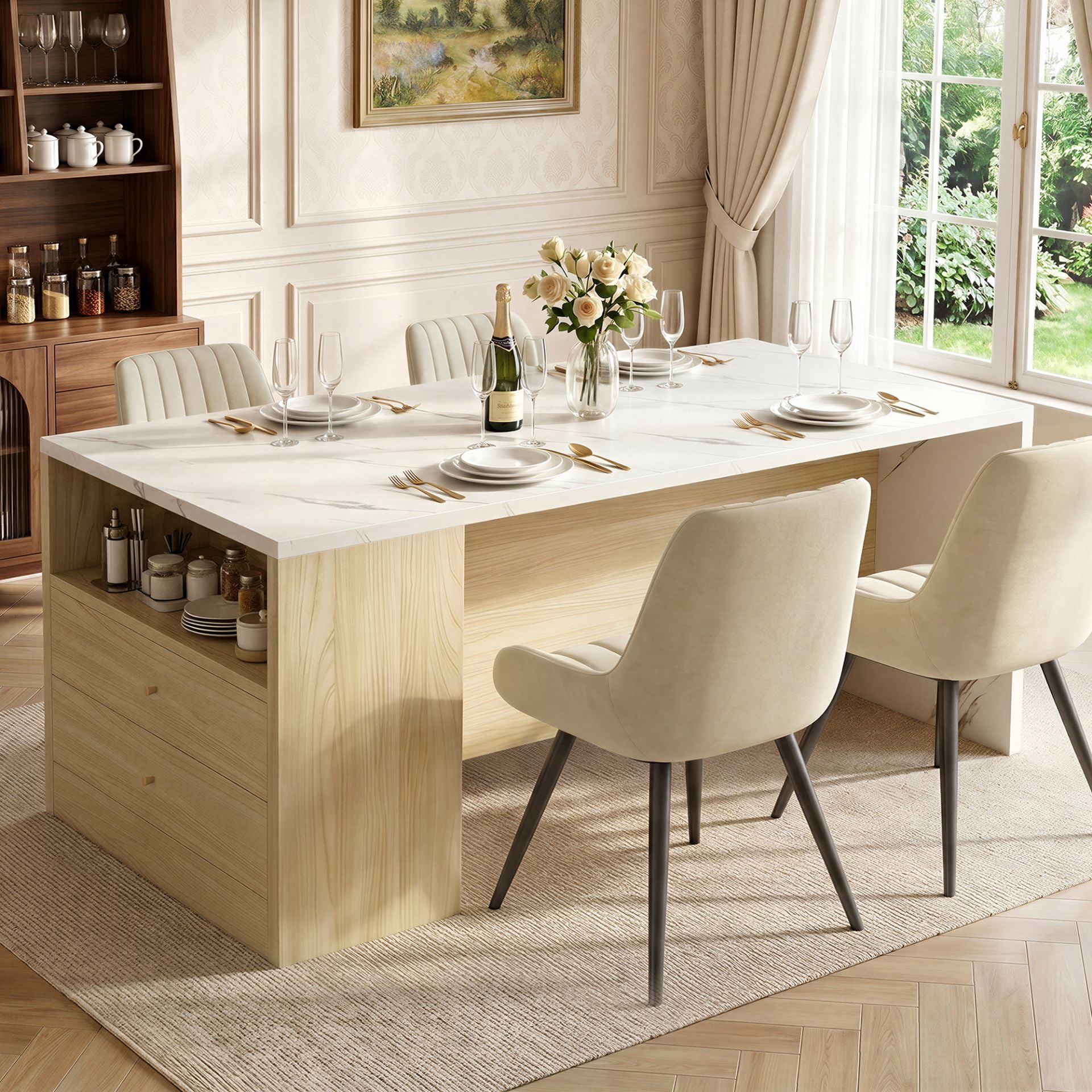 Texture Decor Table Modern Dining Table with LED Lights and Storage Drawers, 63 Inch White ...