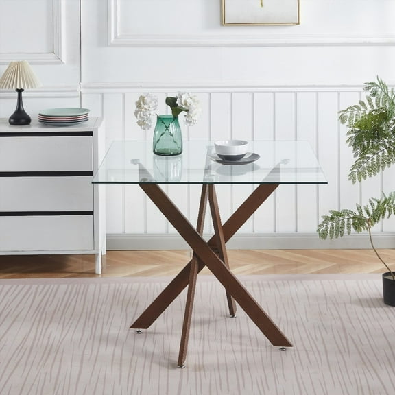 Modern Dining Table with Metal Leg & Tempered Glass,90x90x75cm