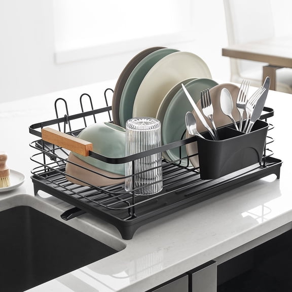 Modern Dish Rack with Utensil Caddy & Glassware Holder | Space-Saving Kitchen Drying Rack | Rust-Resistant Countertop Organizer