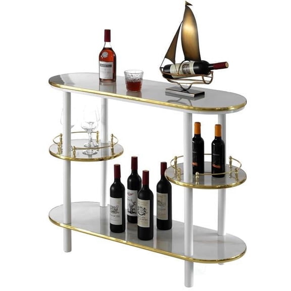 Modern Display Wooden Console Bar with Tiered Open Shelves, Mini Bar with Wine Storage, White