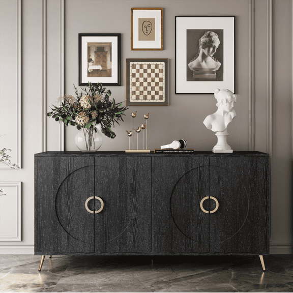 Modern Distressed Black 4-Door Wooden Sideboard Buffet Multi-Storage Cabinet for Living Room, Kitchen, Entryway