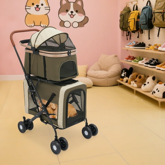 Modern Dog & Cat Stroller 2 Tiers Dark Green Foldable Pet Stroller Freestanding Foldable Pet Stroller for Small & Medium Dogs