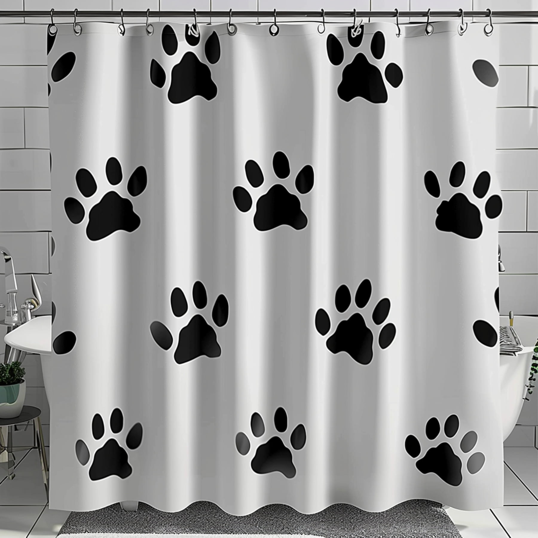 Modern Dog Paw Print Shower Curtain in Black and White Perfect for