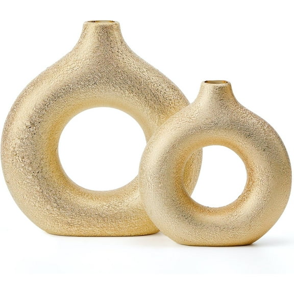 Modern Donut-Shaped Decorative Vases, Handmade Minimalist Boho ins Style, Modern Vase for Home Decor for Wedding Dinner Table Party Living Room Office Bedroom (Gold, Large + Small)