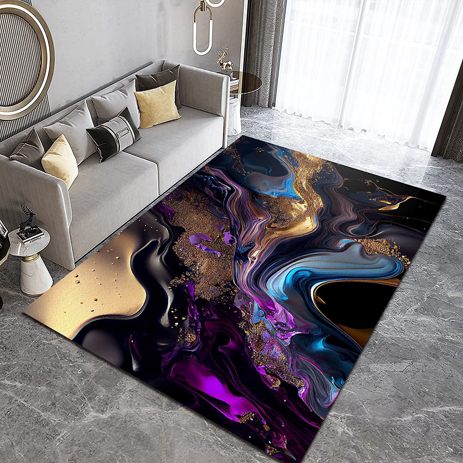 Modern Doodle Abstract Area Rugs, Gold Leaf Spotted Black Oil Painting ...