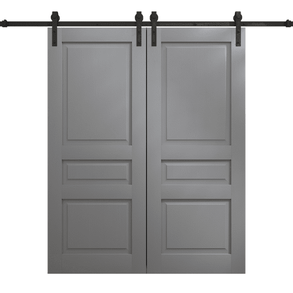 Modern Double Barn Door 36 x 80 inches | Ego 5012 Painted Grey Oak | 13FT Rail Track Set | Solid Panel Interior Doors