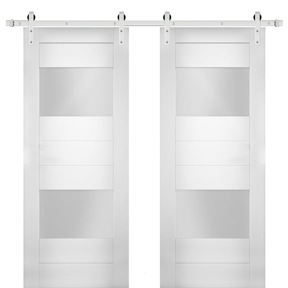 Modern Double Barn Door 36 x 80 inches with Opaque Glass 2 Lites / Sete 6222 White Silk / Stainless Steel 13FT Rail Track Set / Solid Panel Interior Doors
