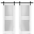 thumbnail image 1 of Modern Double Barn Door 36 x 80 inches with Opaque Glass 4 Lites / Mela 7222 White Silk / 13FT Rail Track Set / Solid Panel Interior Doors, 1 of 4