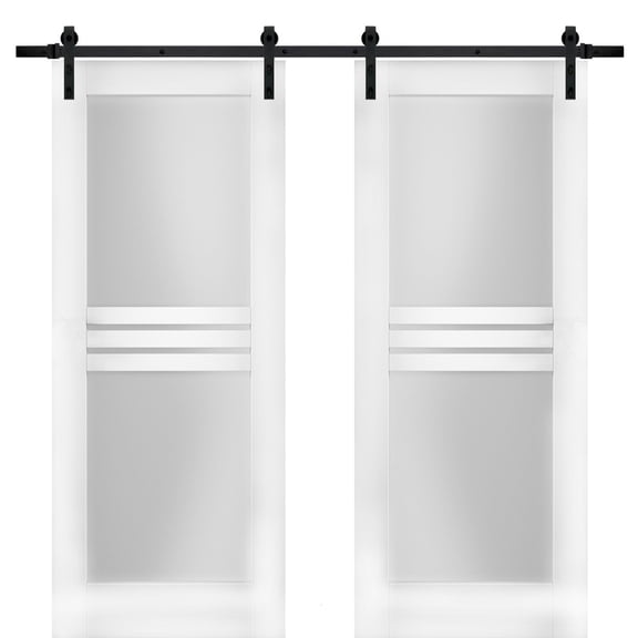 Modern Double Barn Door 36 x 84 inches with Opaque Glass 4 Lites / Mela 7222 White Silk / 13FT Rail Track Set / Solid Panel Interior Doors