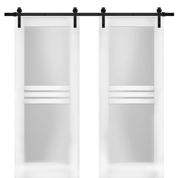 Modern Double Barn Door 36 x 96 inches with Opaque Glass 4 Lites / Mela 7222 White Silk / 13FT Rail Track Set / Solid Panel Interior Doors