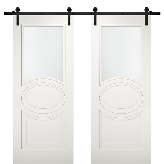 Modern Double Barn Door 48 x 80 inches with Opaque Glass / Mela 7012 Matte White / 13FT Rail Track Set / Solid Panel Interior Doors